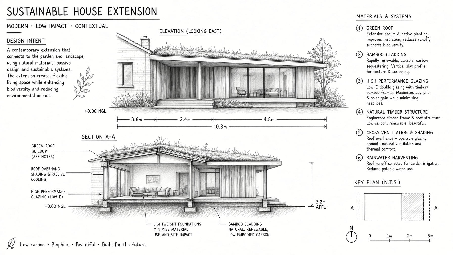Annotated sustainable house extension sketch
