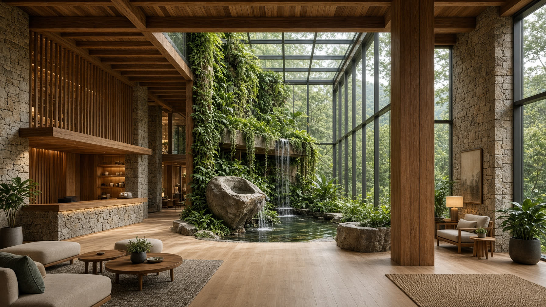Timber framed atrium with planting