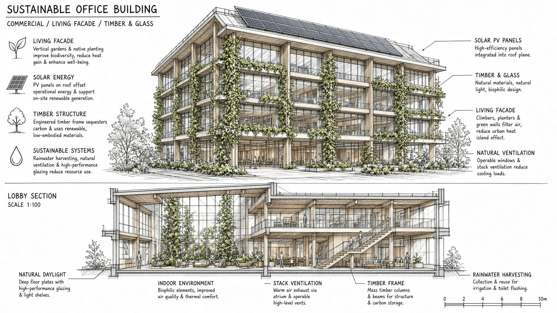 Annotated planning sketch of a commercial building